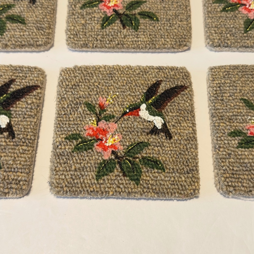 Hummingbird Carpet Coasters Set of 8 Floral Tan Square 4x4 Cottagecore Chic - Picture 3 of 8